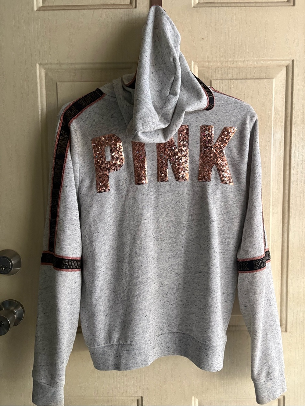 PINK Victoria's Secret Gray Hoodie with Rose Gold Sequin Logo
